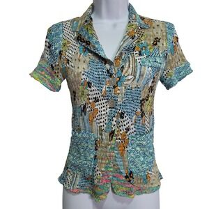 Vintage Alberto Makali Mixed Media Floral Polka‎ Dot Colorful Collared Blouse S